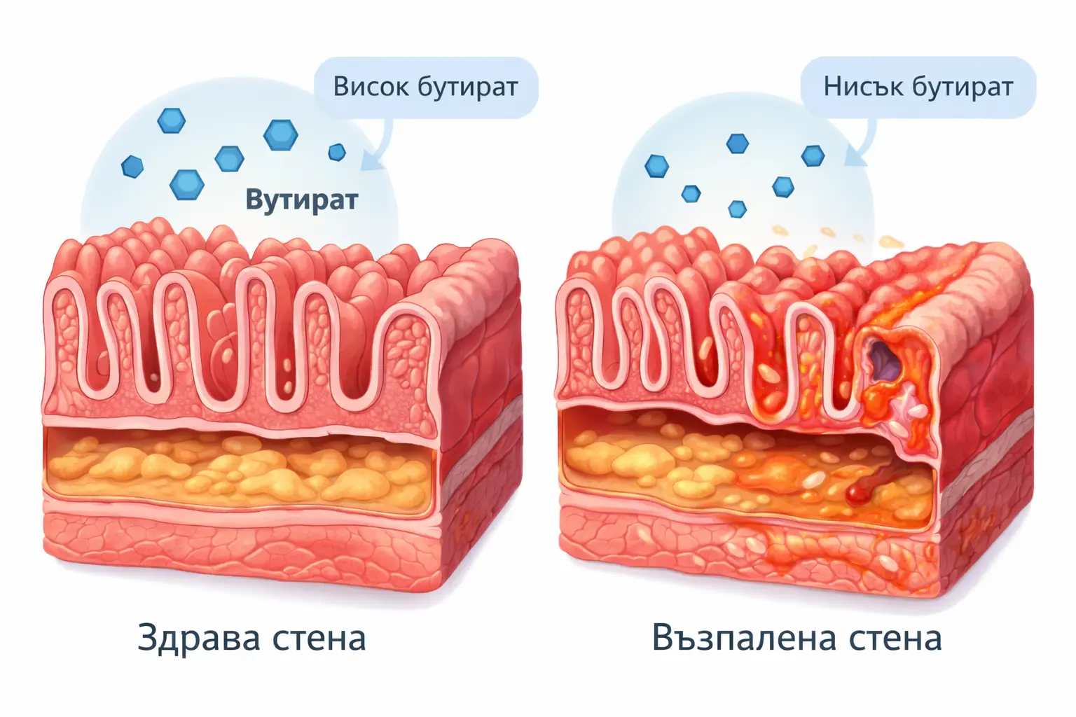 Илюстрация: напречен разрез на черво — вляво здрава стена с висок бутират, вдясно изтънена стена с нисък бутират и възпаление