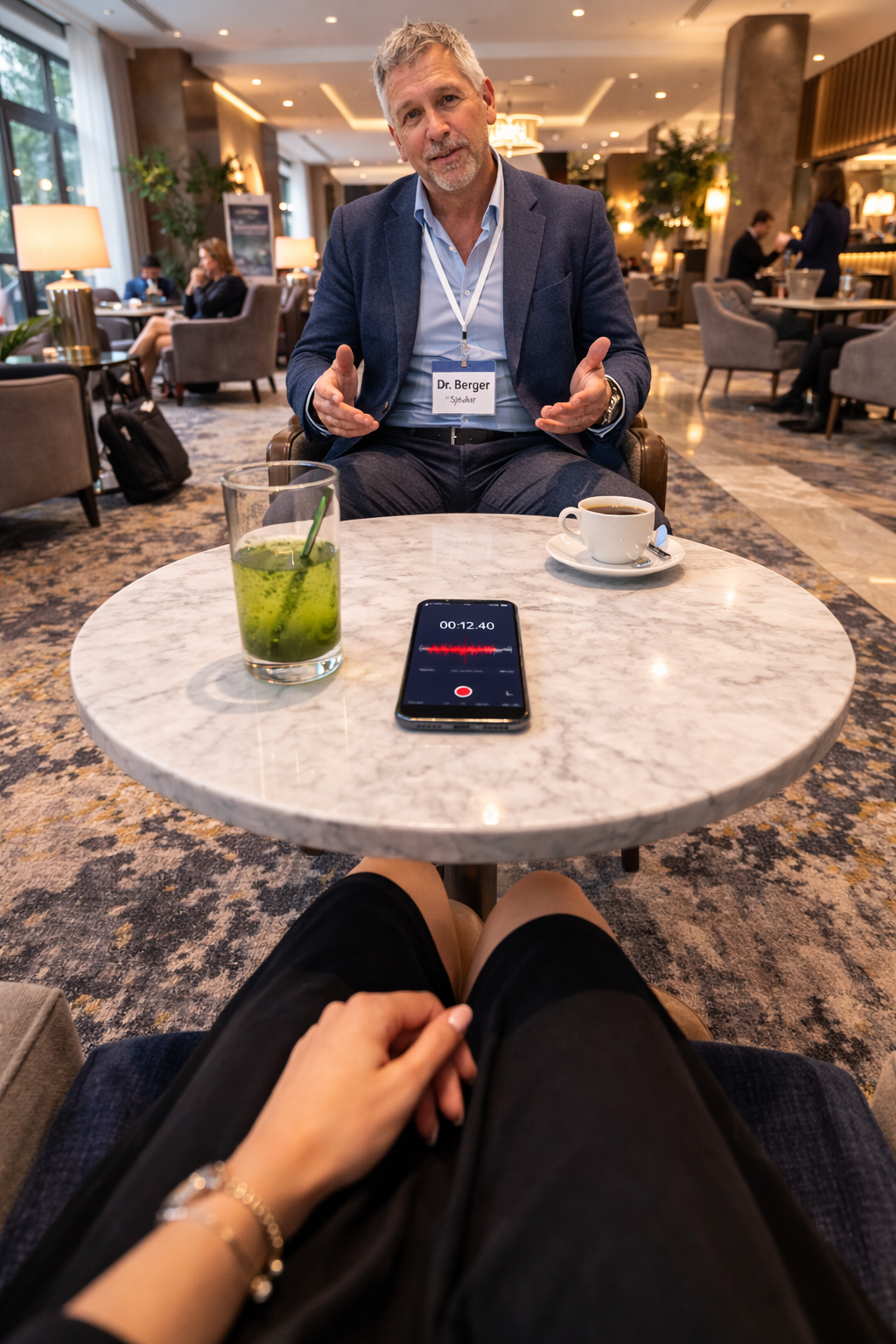 Две чаши на маса в хотелско лоби — кафе и зелена напитка Daily Greens, до тях телефон с отворен диктофон