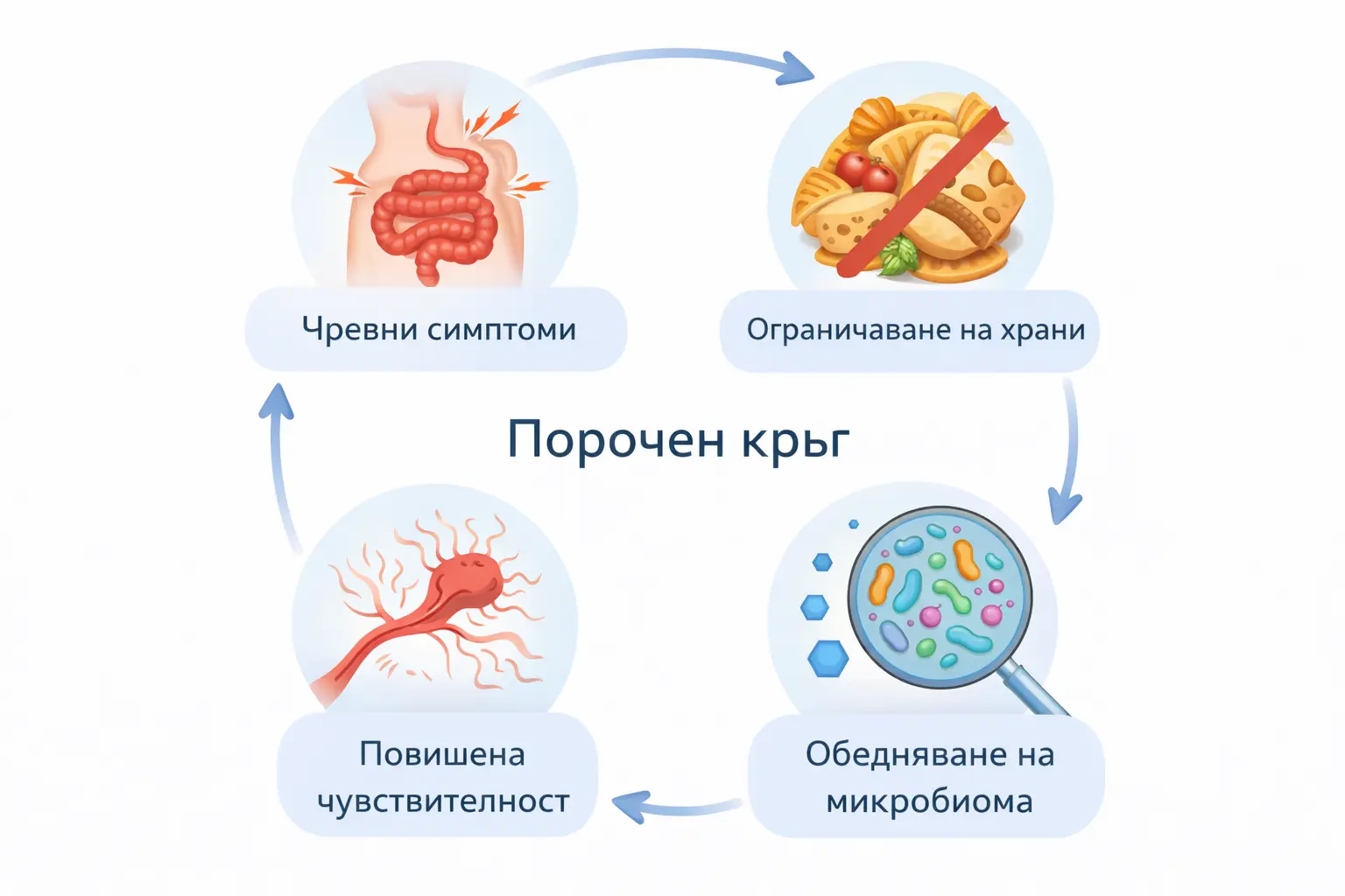 Инфографика: порочен кръг — чревни симптоми, ограничаване на храни, обедняване на микробиома, повишена чувствителност